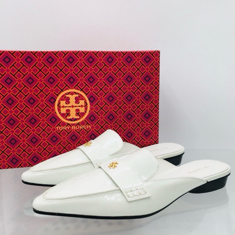 Tory Burch White Leather Pointed Backless Mules/ Loafers Size 8.5 M